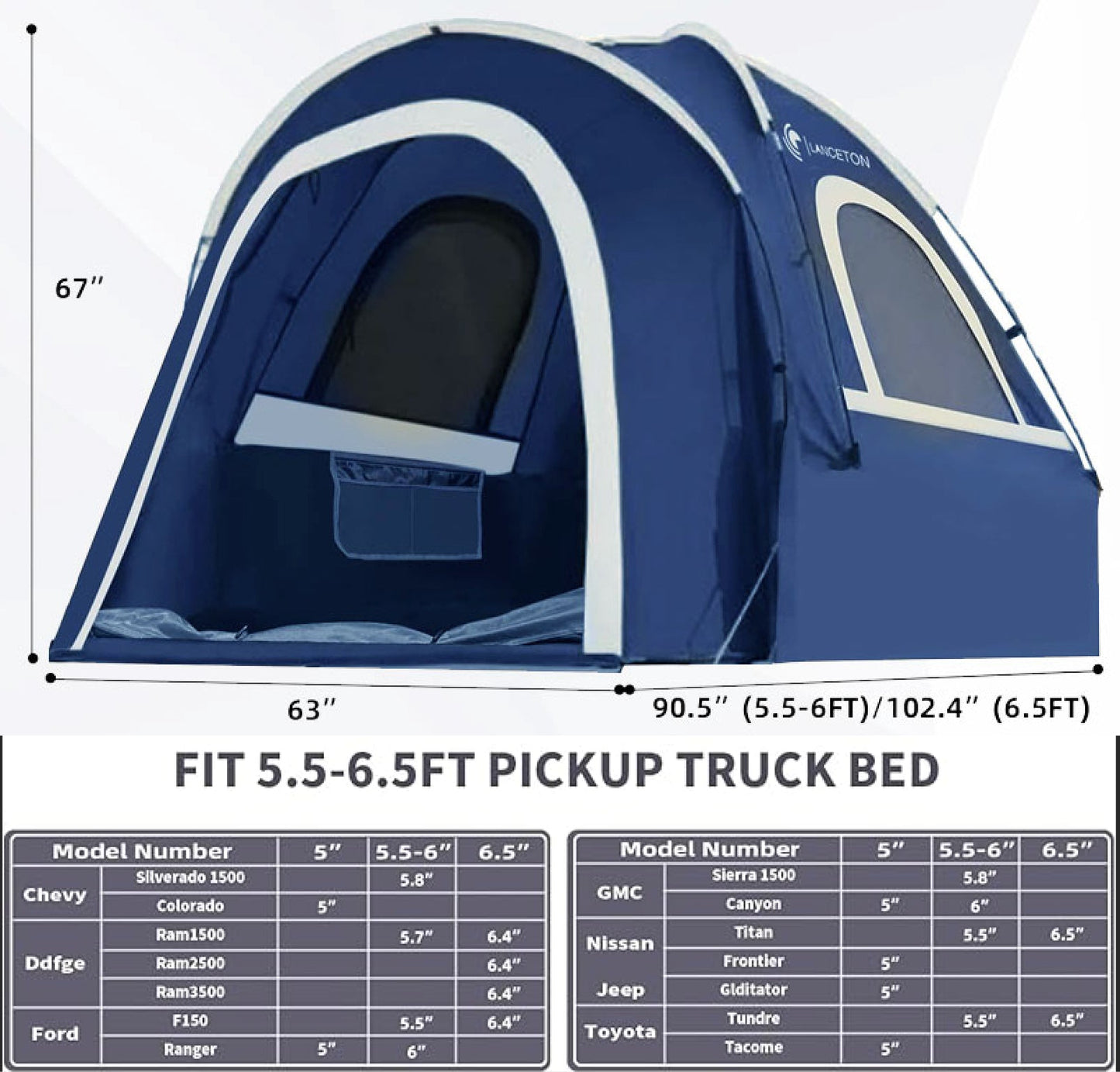 Lanceton Pickup Truck Tent for 5.5'-6.5' Beds, Color-Coded Easy Setup, Features Unique 8" Rear Window Access Pipe & Cross-Pole Windproof Structure (F150, Ram, Silverado, Tundra)