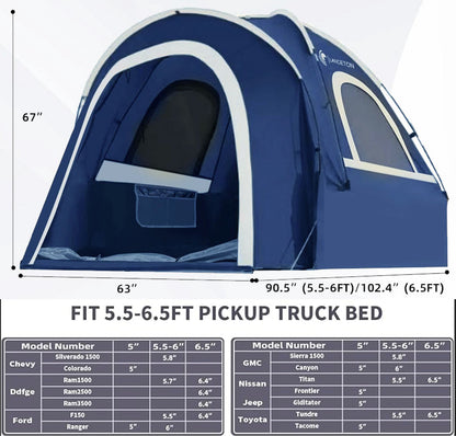 Lanceton Pickup Truck Tent for 5.5'-6.5' Beds, Color-Coded Easy Setup, Features Unique 8" Rear Window Access Pipe & Cross-Pole Windproof Structure (F150, Ram, Silverado, Tundra)