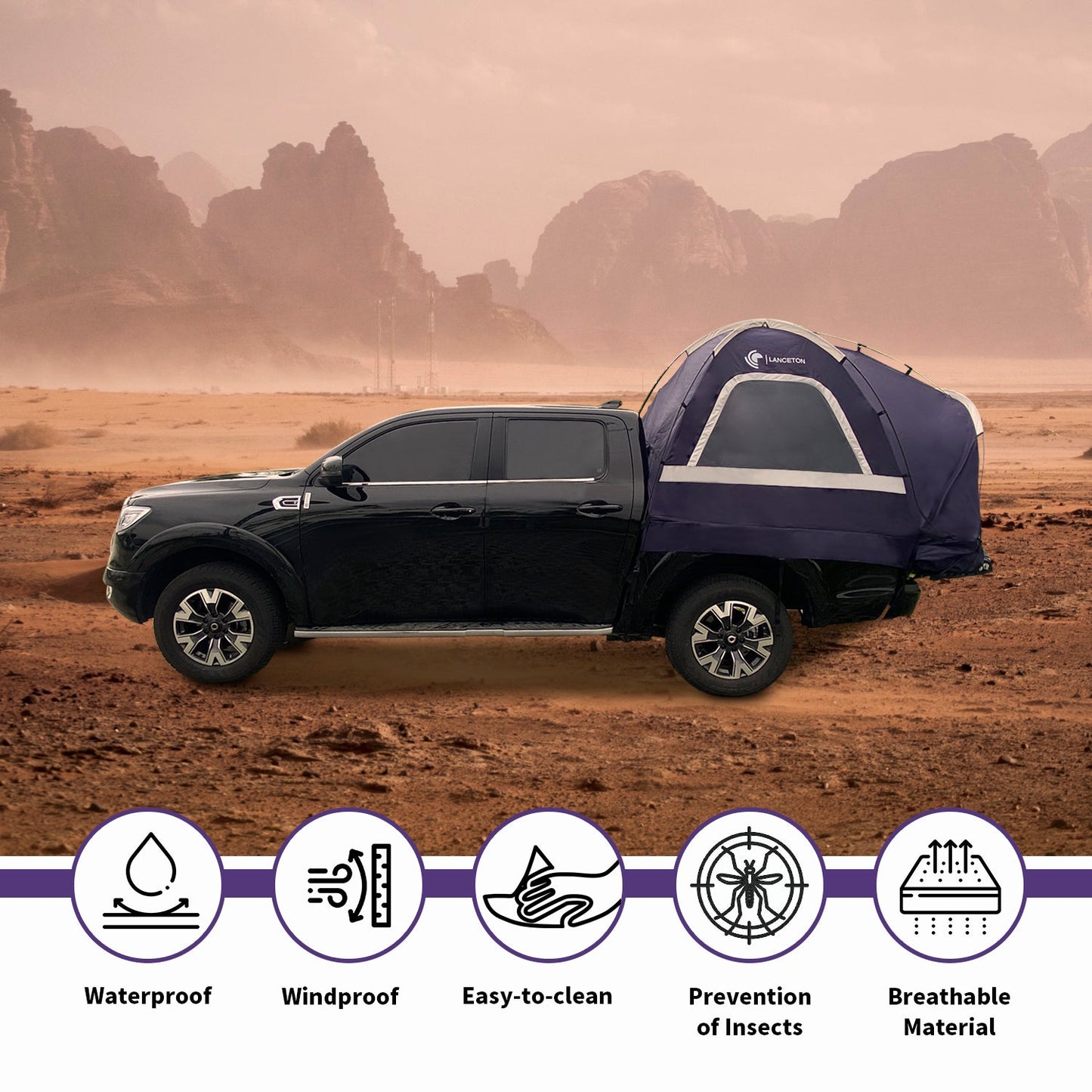 Lanceton Pickup Truck Tent for 5.5'-6.5' Beds, Color-Coded Easy Setup, Features Unique 8" Rear Window Access Pipe & Cross-Pole Windproof Structure (F150, Ram, Silverado, Tundra)